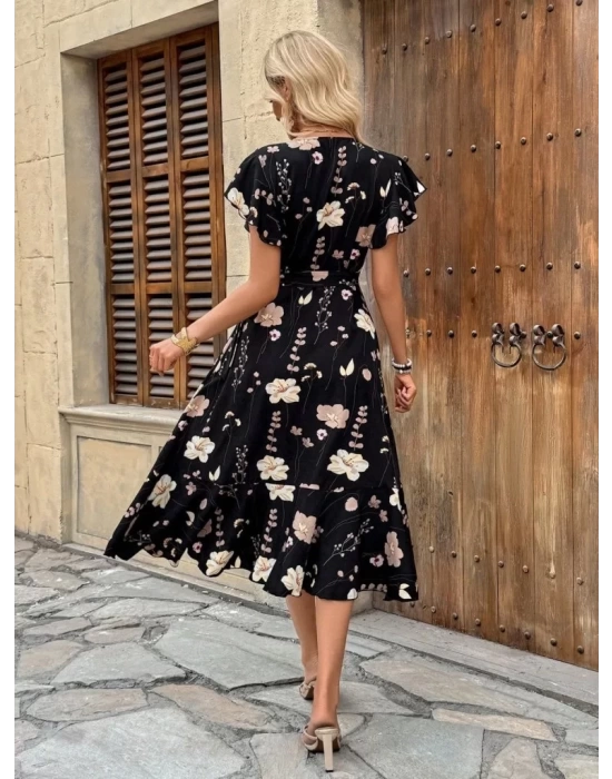 Kadın Kısa Kelebek Kollu Kruvaze Yakalı Belden Kuşaklı Midi Süprem Elbise