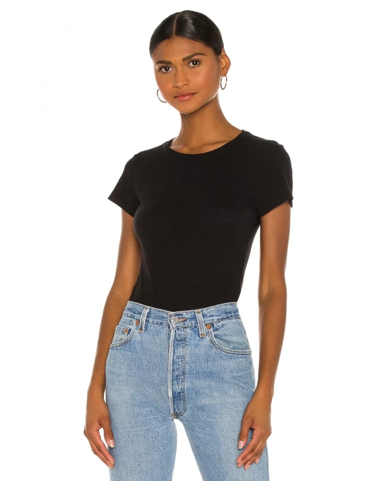 bysoca Kadın Siyah Bisiklet Yaka Kısa Kol Vücudu Saran Jarse Basic Tanga Bodysuit