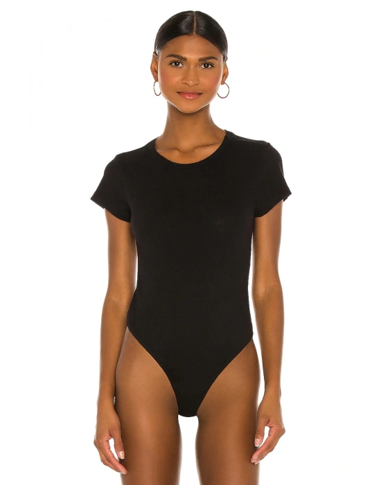 bysoca Kadın Siyah Bisiklet Yaka Kısa Kol Vücudu Saran Jarse Basic Tanga Bodysuit