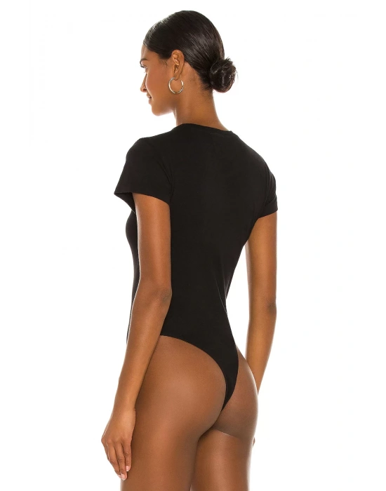 bysoca Kadın Siyah Bisiklet Yaka Kısa Kol Vücudu Saran Jarse Basic Tanga Bodysuit