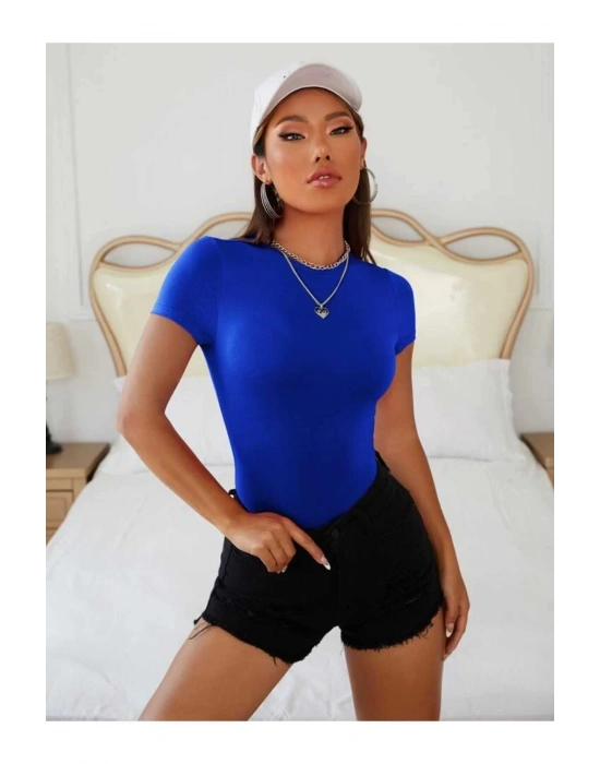 bysoca Kadın Saks Mavisi Bisiklet Yaka Kısa Kol İpek Jarse Vücudu Saran Basic Bodysuit