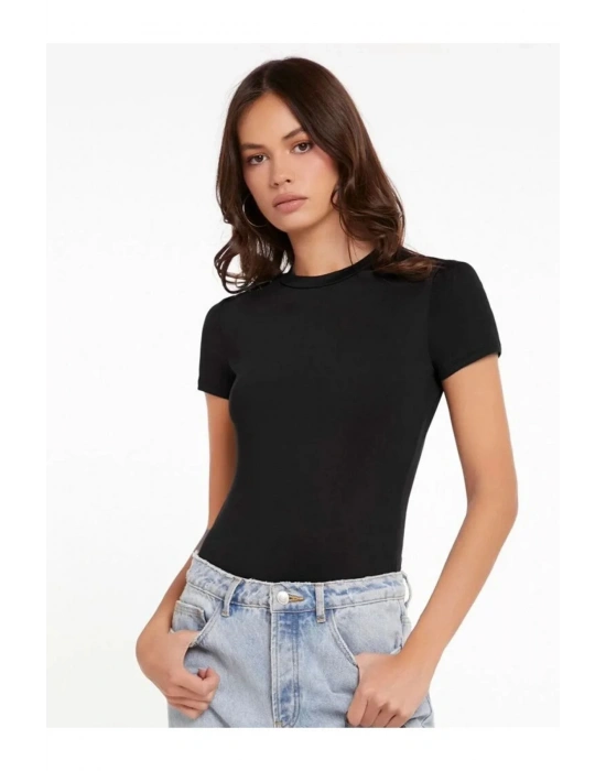 bysoca Kadın Siyah Bisiklet Yaka Kısa Kol İpek Jarse Vücudu Saran Basic Bodysuit