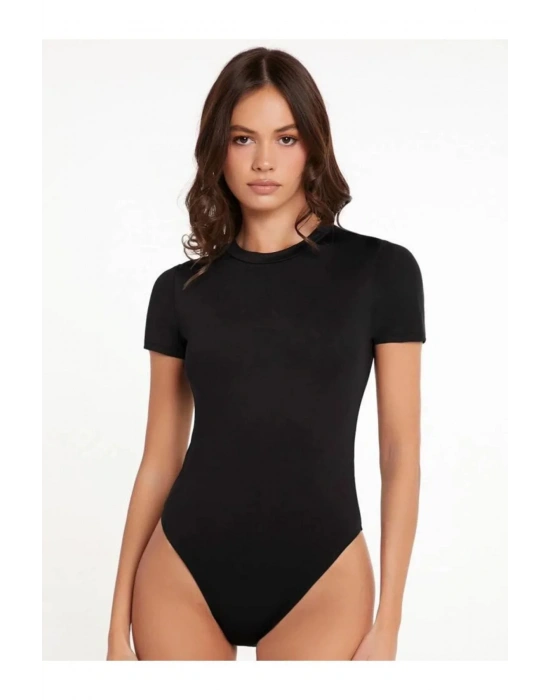 bysoca Kadın Siyah Bisiklet Yaka Kısa Kol İpek Jarse Vücudu Saran Basic Bodysuit