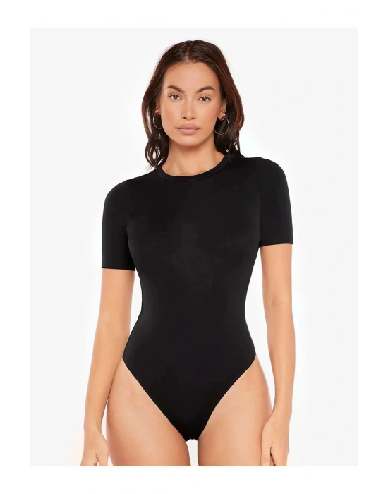 bysoca Kadın Siyah Bisiklet Yaka Kısa Kol Vücudu Saran Sandy Kumaş Tanga Basic Bodysuit