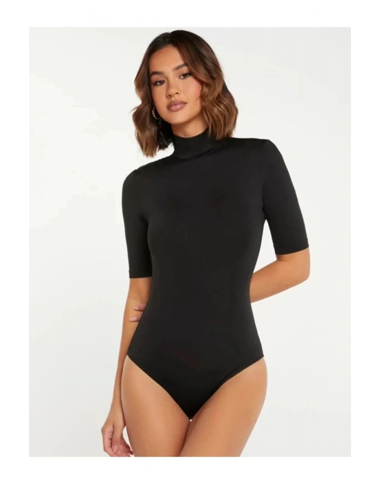 bysoca Kadın Siyah Balıkçı Yaka Kısa Kol İpek Jarse Vücudu Saran Basic Bodysuit