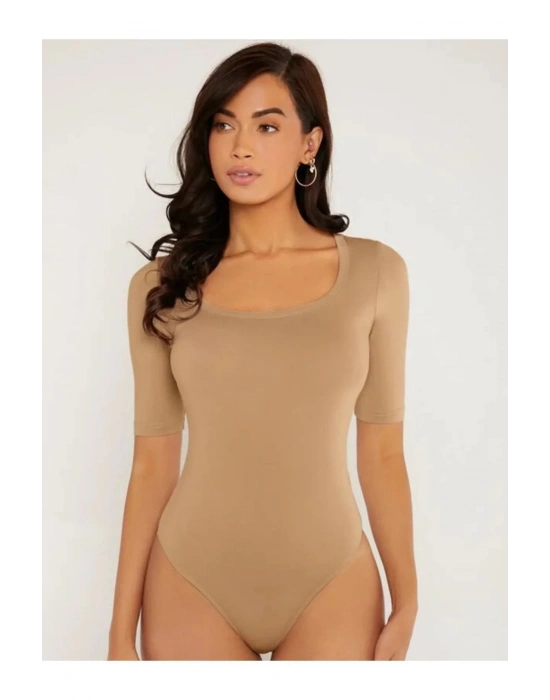 bysoca Kadın Bej U Yaka Kısa Kol Vücudu Saran Sandy Kumaş Tanga Basic Bodysuit