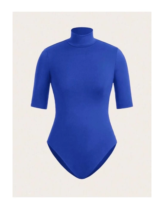 bysoca Kadın Saks Mavisi Balıkçı Yaka Kısa Kol İpek Jarse Vücudu Saran Basic Bodysuit