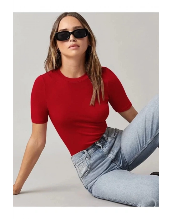 bysoca Kadın Kırmızı Bisiklet Yaka Kısa Kol Vücudu Saran Sandy Kumaş Tanga Basic Bodysuit