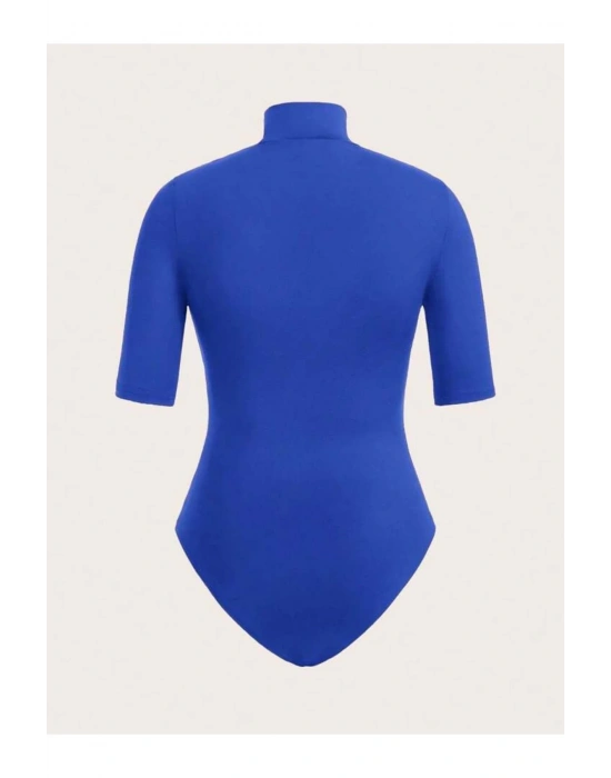 bysoca Kadın Saks Mavisi Balıkçı Yaka Kısa Kol İpek Jarse Vücudu Saran Basic Bodysuit