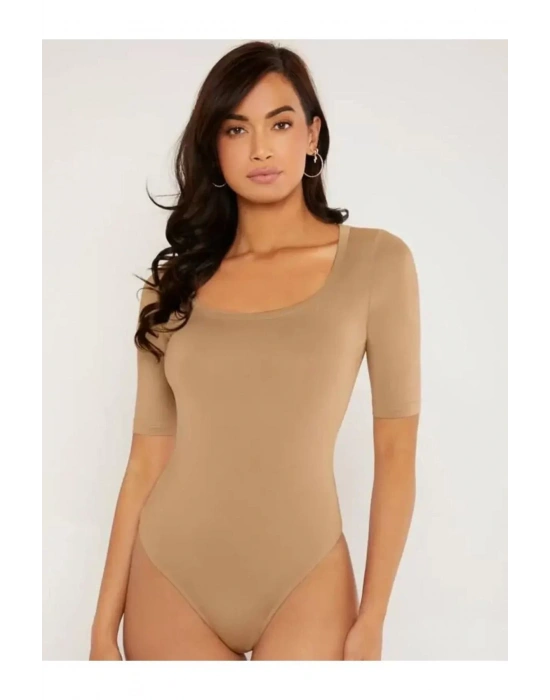 bysoca Kadın Bej U Yaka Kısa Kol Vücudu Saran Sandy Kumaş Tanga Basic Bodysuit