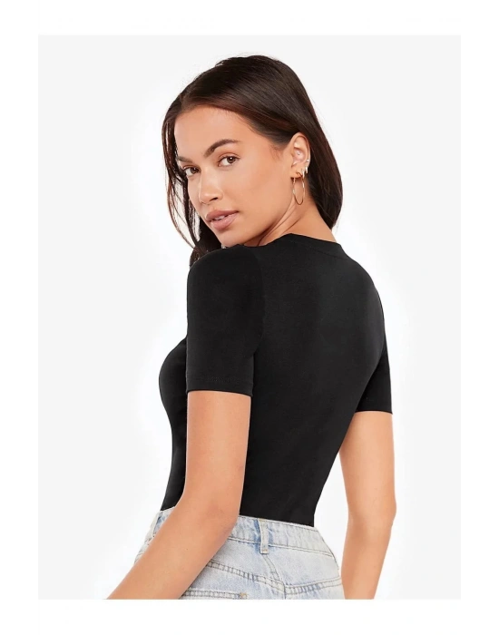 bysoca Kadın Siyah Bisiklet Yaka Kısa Kol Vücudu Saran Sandy Kumaş Tanga Basic Bodysuit