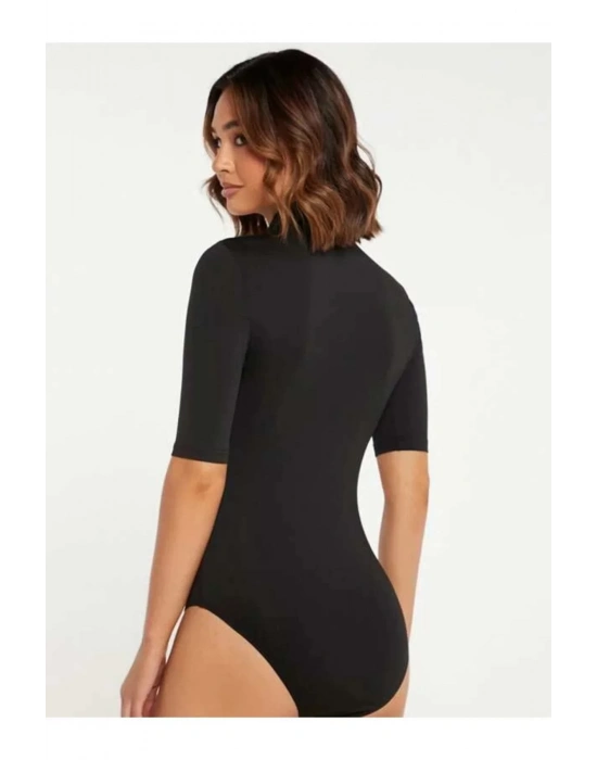 bysoca Kadın Siyah Balıkçı Yaka Kısa Kol İpek Jarse Vücudu Saran Basic Bodysuit
