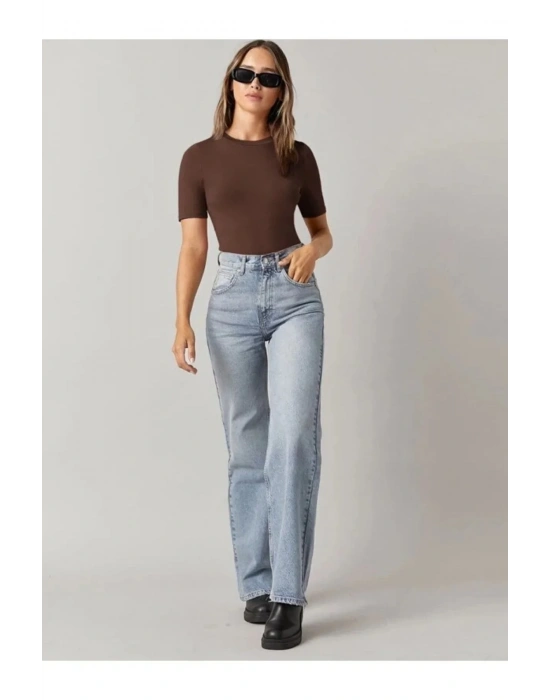 bysoca Kadın Kahverengi Bisiklet Yaka Kısa Kol Vücudu Saran Sandy Kumaş Tanga Basic Bodysuit