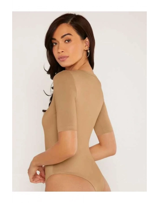 bysoca Kadın Bej U Yaka Kısa Kol Vücudu Saran Sandy Kumaş Tanga Basic Bodysuit