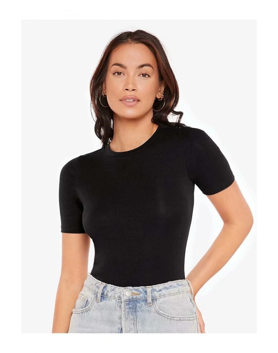 bysoca Kadın Siyah Bisiklet Yaka Kısa Kol Vücudu Saran Sandy Kumaş Tanga Basic Bodysuit