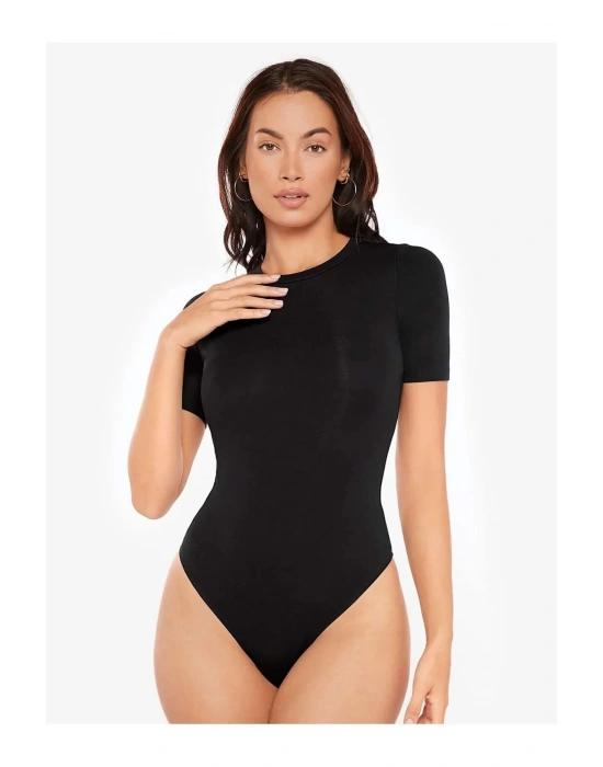 bysoca Kadın Siyah Bisiklet Yaka Kısa Kol Vücudu Saran Sandy Kumaş Tanga Basic Bodysuit