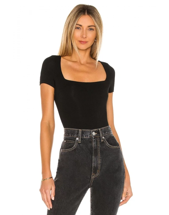 bysoca Kadın Siyah Kısa Kol Kare Yaka Vücudu Saran Basic Tanga Bodysuit