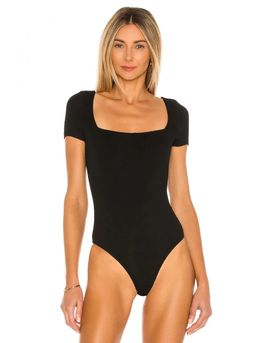 bysoca Kadın Siyah Kare Yaka Kısa Kol Vücudu Saran Jarse Tanga Basic Bodysuit