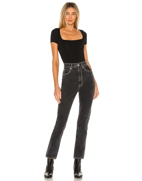 bysoca Kadın Siyah Kısa Kol Kare Yaka Vücudu Saran Basic Tanga Bodysuit
