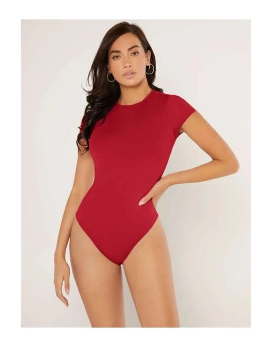 Kadın Kısa Kol Kırmızı Ipek Jarse Bodysuit