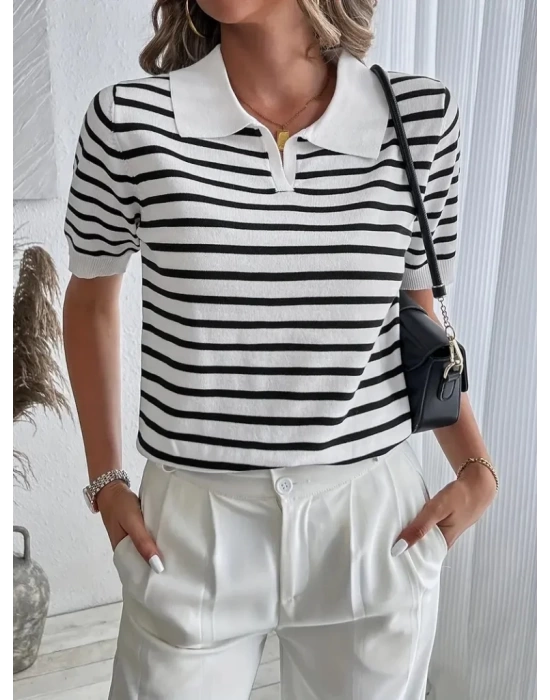 Kadın Kısa Kol Polo Yaka çizgi Desen Triko Bluz
