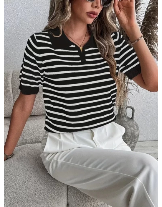 Kadın Kısa Kol Polo Yaka çizgi Desen Triko Bluz