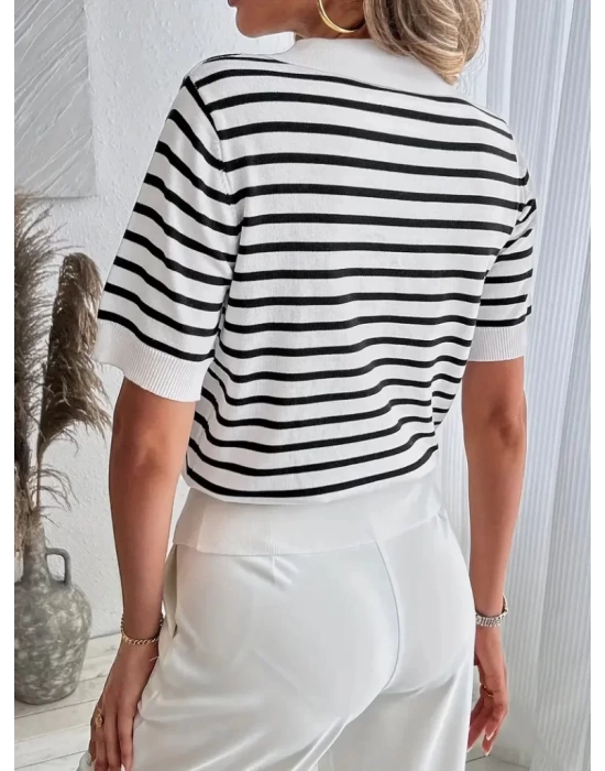 Kadın Kısa Kol Polo Yaka çizgi Desen Triko Bluz