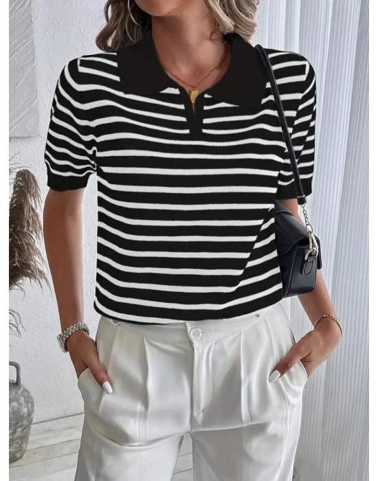 Kadın Kısa Kol Polo Yaka çizgi Desen Triko Bluz