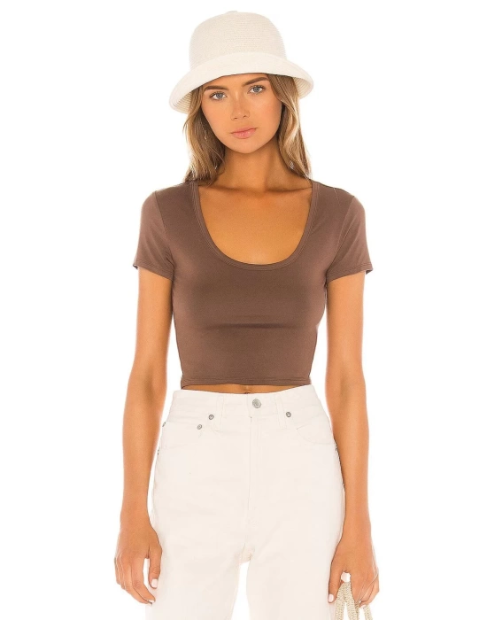 bysoca Kadın Kahverengi U Yaka Kısa Kol İpek Jarse Vücudu Saran Basic Crop Top