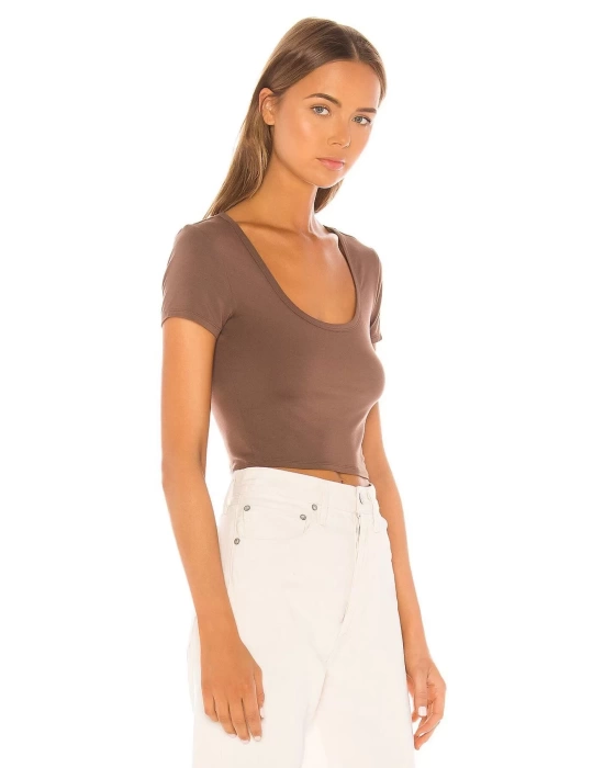 bysoca Kadın Kahverengi U Yaka Kısa Kol İpek Jarse Vücudu Saran Basic Crop Top