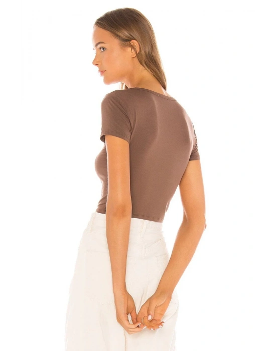 bysoca Kadın Kahverengi U Yaka Kısa Kol İpek Jarse Vücudu Saran Basic Crop Top