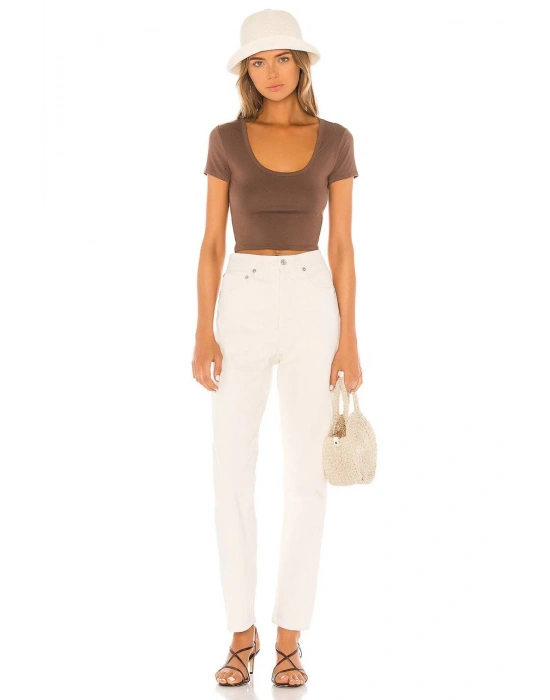 bysoca Kadın Kahverengi U Yaka Kısa Kol İpek Jarse Vücudu Saran Basic Crop Top