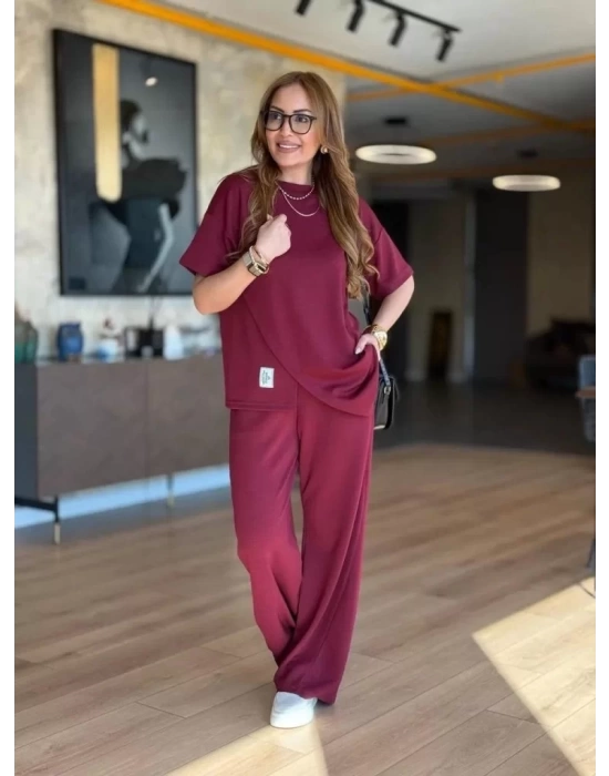Kadın Kısa Kollu Bisiklet Yaka Asimetrik Viskon Iki Iplik Bluz Ve Pantolon Ikili Takım