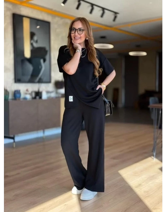 Kadın Kısa Kollu Bisiklet Yaka Asimetrik Viskon Iki Iplik Bluz Ve Pantolon Ikili Takım