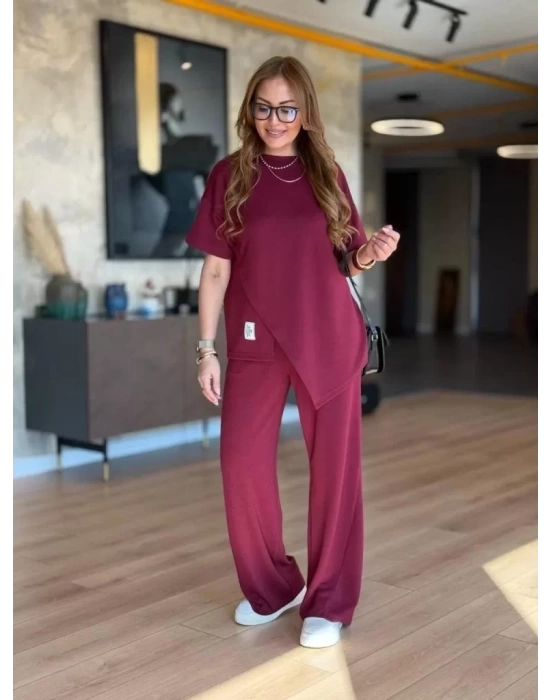 Kadın Kısa Kollu Bisiklet Yaka Asimetrik Viskon Iki Iplik Bluz Ve Pantolon Ikili Takım