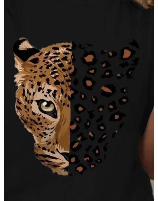 Kadın Kısa Kollu Bisiklet Yaka Desenli Viskon Bluz