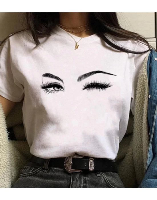 Kadın Kısa Kollu Bisiklet Yaka Göz Baskılı Süprem T-shirt