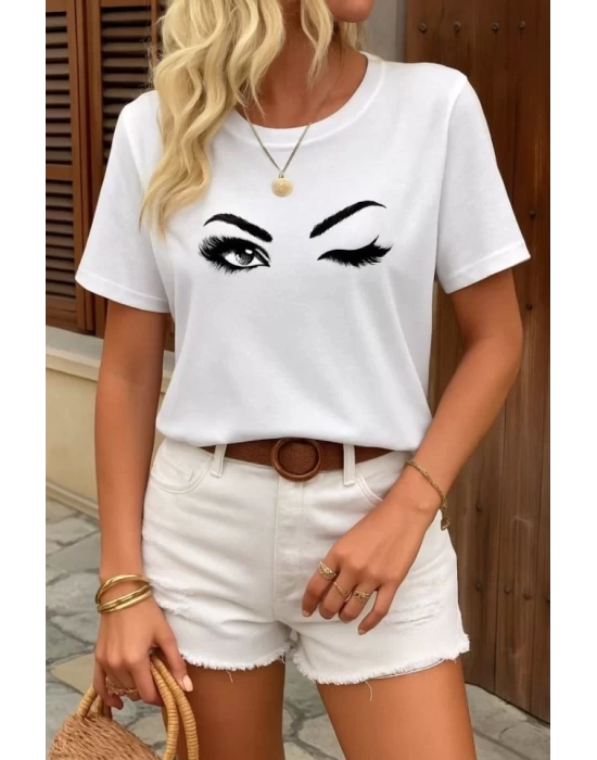 Kadın Kısa Kollu Bisiklet Yaka Göz Baskılı Süprem T-shirt