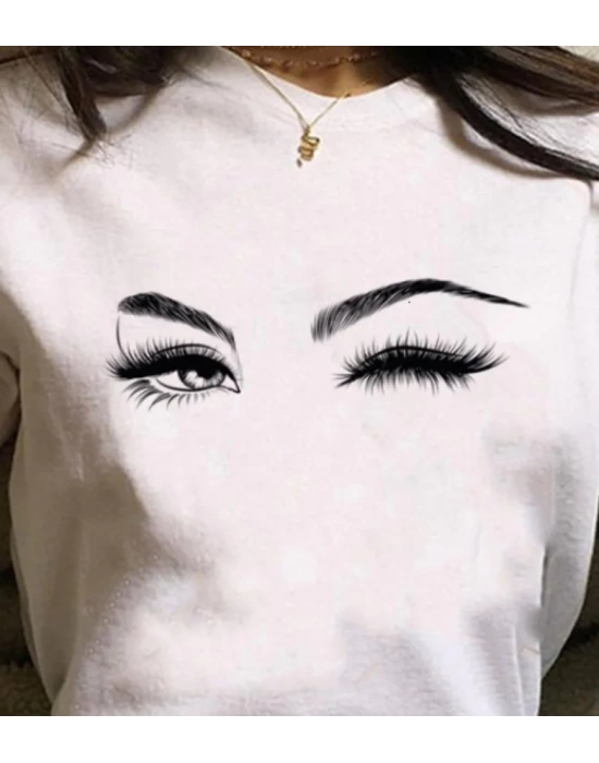 Kadın Kısa Kollu Bisiklet Yaka Göz Baskılı Süprem T-shirt