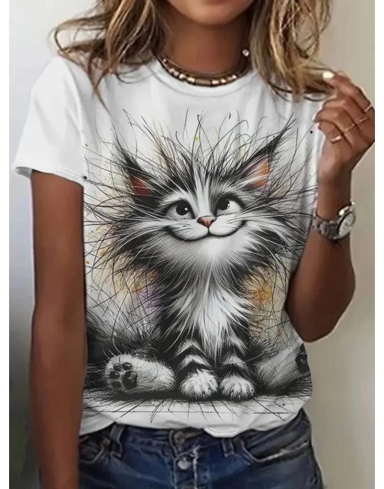 Kadın Kısa Kollu Bisiklet Yaka Kedi Baskılı Süprem Bluz