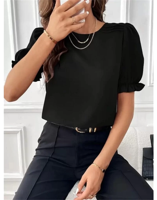 Kadın Kısa Kollu Bisiklet Yaka Kolları Gipeli Ithal Krep Bluz