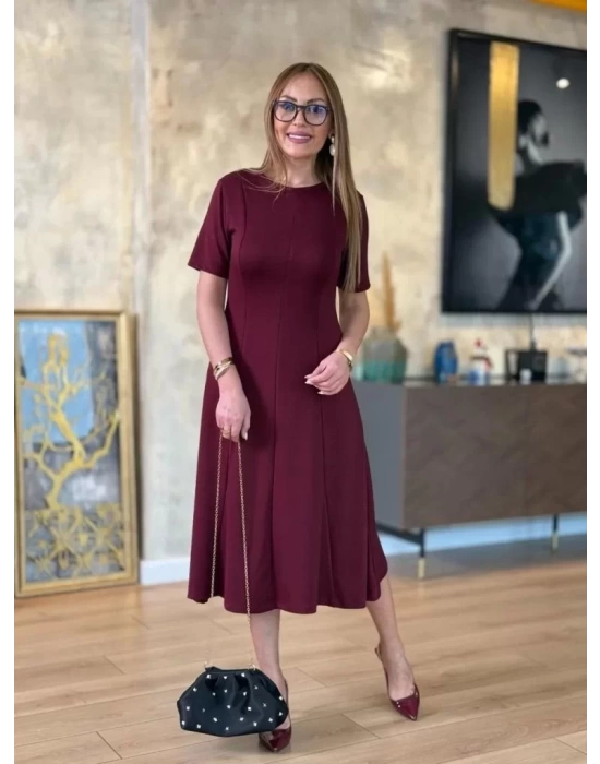 Kadın Kısa Kollu Bisiklet Yaka Midi Viskon Iki Iplik Elbise