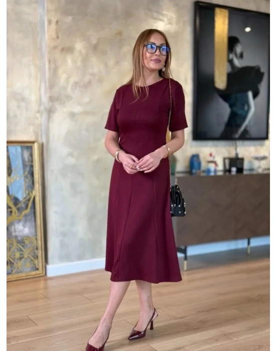 Kadın Kısa Kollu Bisiklet Yaka Midi Viskon Iki Iplik Elbise