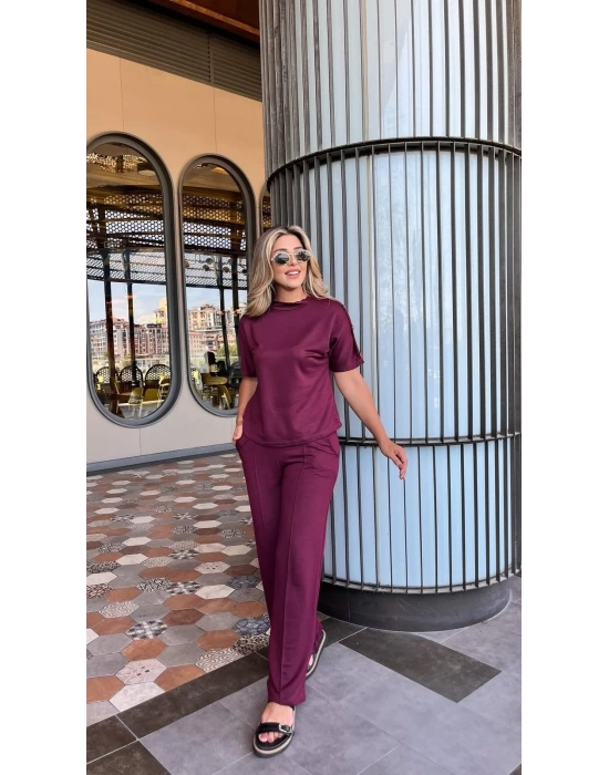Kadın Kısa Kollu Bisiklet Yaka Omuzdan Düğmeli Viskon Iki Iplik Kısa Bluz Ve Pantolon Ikili Takım