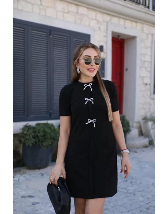 bysoca Kadın Günlük Kısa Kollu Bisiklet Yaka Desenli Kuşaklı örme Krep Midi Elbise - Desenli