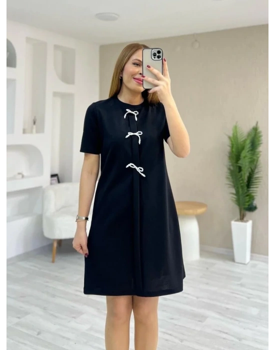 bysoca Kadın Günlük Kısa Kollu Bisiklet Yaka Desenli Kuşaklı örme Krep Midi Elbise - Desenli