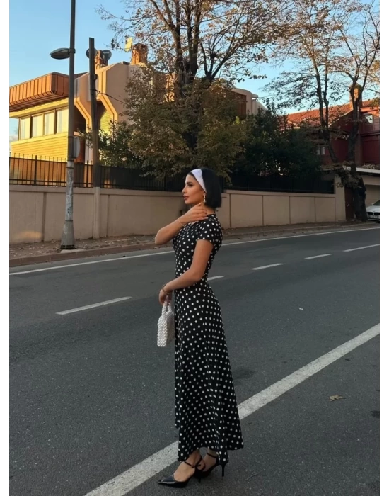 bysoca Kadın Kısa Kollu Puantiyeli Belden Oturtmalı Kloş Etekli Vintage Maksi Elbise - Siyah