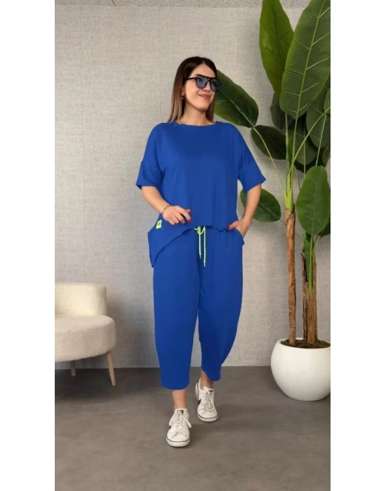 Kadın Kısa Kollu Bisiklet Yaka Viskon Iki Iplik Bluz Ve Pantolon Ikili Takım