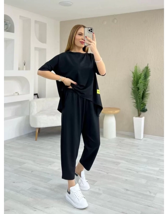Kadın Kısa Kollu Bisiklet Yaka Viskon Iki Iplik Bluz Ve Pantolon Ikili Takım