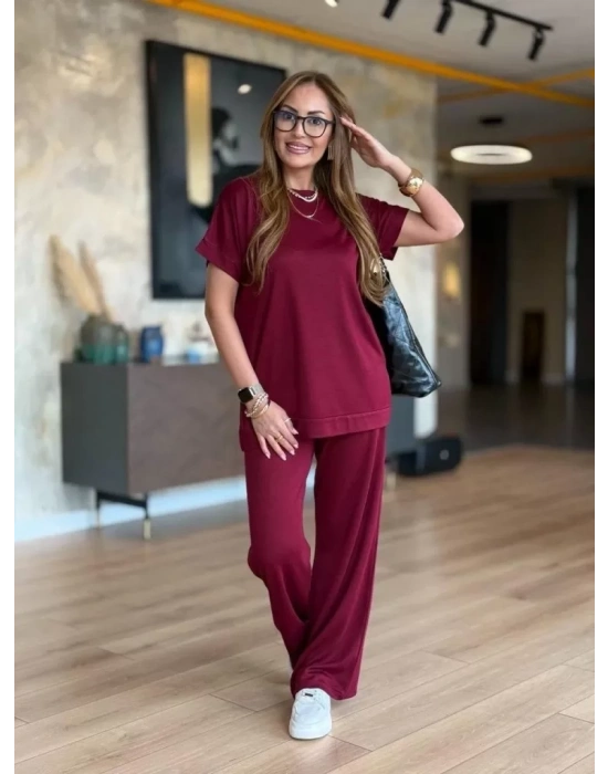 Kadın Kısa Kollu Bisiklet Yaka Viskon Iki Iplik Bluz Ve Pantolon Ikili Takım